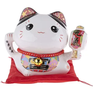 lachineuse – Kawaii Maneki Neko Spardose – Japanische Glückskatze – Glück, Wohlstand – Porzellanstatuette – 11 x 15,5 x 11 cm – Farbe: Weiß – mit rotem Kissen – Japanische Geschenkidee