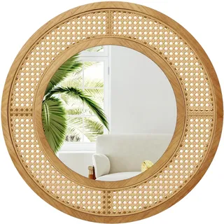 COSTWAY Runder Wandspiegel Rattan, ∅ 65 cm, dekorativer Spiegel mit Holzrahmen & Aluminiumglas & Haken, Dekospiegel Wandmontage, modern, für Wohnzimmer, Schlafzimmer, Eingang, Natur
