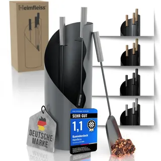 Heimfleiss® Kaminbesteck Modern Grau inkl. Schürhaken, Kehrbesen & Schaufel | Ofenbesteck Set aus Schwerlaststahl mit Edelstahlgriff | Kaminofen Besteck Anthrazit | Kamingarnitur für Ofen | Kaminzubehör