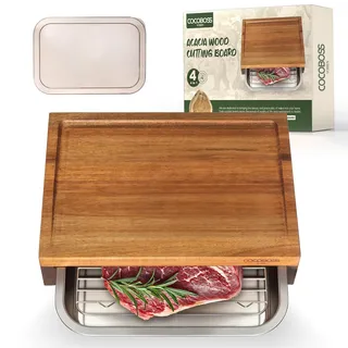 COCOBOSS Schneidebrett Holz mit Auffangschale, 35,5x25x8.7cm Akazien Schneidebrett mit Auffangschale, Deckel und Abkühlgitter