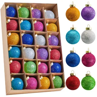 Joiedomi 24 Stück Mini-Weihnachts-Glitzer-Glaskugel-Ornamente, 3,6 cm, mehrfarbige Weihnachtskugel, Ornamente für kleine Weihnachtsbaumdekoration, Urlaubsparty-Dekoration