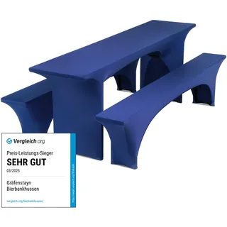 Gräfenstayn® Leopold Stretch - Biertischhussen-Set 3 TLG für Bierzeltgarnitur - 50cm oder 70cm Tischbreite - mit Öko-Tex Siegel Standard 100 : "Geprüftes Vertrauen (Blau, 50x220cm)