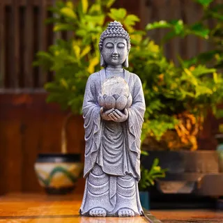Yeomoo Solar Buddha Figur Höhe 36cm mit LED & Craquelé-Optik - Große Spirituelle Zen Deko für Garten, Terrasse & Wohnzimmer- Geschenk für Frauen, Mama Männer (Meditation, Yoga, Feng Shui) Grau