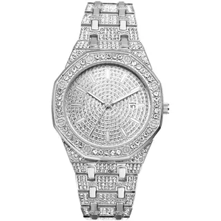 OIDEA Uhren Herren Strass Armbanduhr: Silber Herrenuhr Analog Quarz Glitzer Edelstahl Armband Punk Rock Uhr Kalender mit Achteckig Zifferblatt Wasserdicht 10m Geschenk für Männer Freund