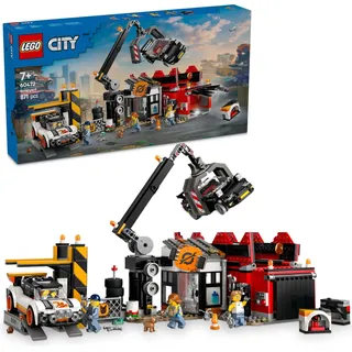 LEGO City Schrottplatz mit Autos - Spielzeug mit Schrottpresse und Kran, 2 Spielzeugautos, 4 Arbeiter Minifiguren & Bürogebäude - Geburtstagsgeschenke für Jungen und Mädchen ab 8 Jahren 60472 - Bunt