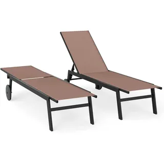 FANTASK Sonnenliege mit Rollen, Liegestuhl mit 6-Fach Verstellbarer Rückenlehne, Gartenliege aus schnelltrocknendem Stoff, Strandliege bis 150kg belastbar für Garten, Balkon (Braun, 2 Liegen)