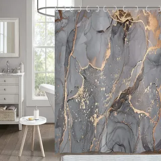 Hnmdmyi Duschvorhang Marmor Optik Grau 180x180, Glitzer Duschvorhänge Gold Riss Abstrakt Modern Luxus Kunst Badewanne Vorhang Wasserdicht Polyester Stoff Waschbar Badevorhang für Badezimmer mit Haken