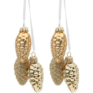 2 Stück Edler Lauschaer Christbaumschmuck - Krebs Glas Lauscha - Christbaumschmuck Glaszapfen 2er Set mit 3 Tannenzapfen in Gold mit Textilband 6cm, Glanz, matt, glitzernd.