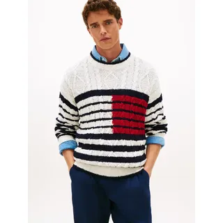 Strickpullover TOMMY HILFIGER "BRETON FLAG CABLE", Herren, Gr. L, ivory petal, desert sky, medium rot, Strick, Obermaterial: 100% Baumwolle, gestreift, regular fit normal, Rundhals, eingesetzt Rippstrickbündchen, Pullover Strickpullover, Regular fit mit Rundhalsausschnitt