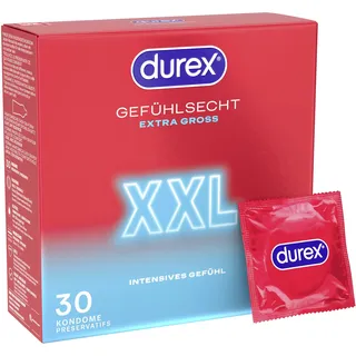 DUREX Gefühlsecht XXL Kondome – Dünne Kondome mit großer Passform & mit Silikongleitgel befeuchtet – 30er Pack (1 x 30 Stück)