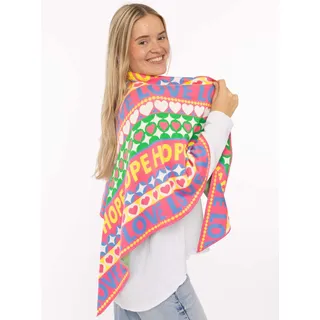 Dreieckstuch ZWILLINGSHERZ "Jahrmarkt", Damen, bunt, Strick, Materialmix, gemustert, mehrfarbig, Modetücher Dreieckstuch, Schriftzug, farbenfroh, wärmend, Strick