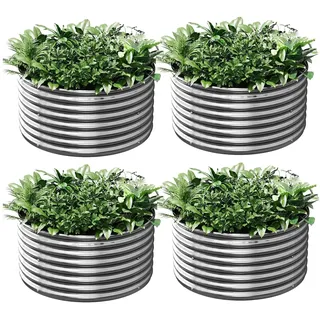 GROVELEAF Pflanzkübel 4er-Set 60 x 60 cm rundes verzinktes Hochbeet für den Außenbereich, Metall-Hochbeet für Gemüse, Stahl-Hochbeete für den Garten, oberirdisches Gartenbeet für Blumen