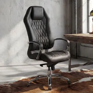 FineBuy Bürostuhl Schwarz MONTEREY Echt-Leder Schreibtischstuhl XXL Polsterung Chefsessel hohe Rückenlehne mit Kopfstütze Drehstuhl Drehsessel - Schwarz