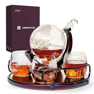 Kemstood Whisky Karaffe Globus für Alkohol - Whiskey Decanter Bar Set mit Gläser Holzständer und Weltkarte - Geschenke für Männer und Frauen - Glas Flasche Zubehör für Gin, Rum, Scotch, Likör, Bourbon, Wodka