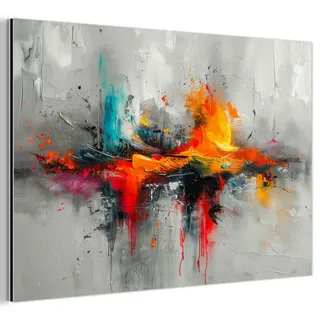 MuchoWow Metallbild Moderne Kunst - Orange - Grau - Abstrakt Wanddeko 90x60 cm , Hellgrau , Metall , Rechteckig , 90x60 cm , einfache und schnelle Anbringung , Bilder & Rahmen, Bilder, Holz & Metallbilder