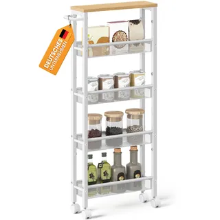 VASAGLE Rollwagen 5 Ebenen, Küchenwagen schmal, Nischenregal auf Rollen, Stahl, Griff, für kleine Räume, 13 x 45,4 x 99,6 cm, Küche, Bad, Wohnzimmer, Arbeitszimmer, eichenfarben-weiß LRC034W09