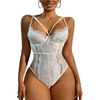 Buitifo Damen Sexy Body Dessous Ein Stück Babydoll V-Ausschnitt Teddy Schritt einrasten(weiß,L)
