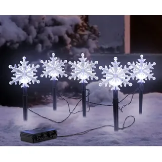 Spetebo LED Gartenstecker 5er Set Schneeflocken mit Timer - je 21 cm H - Garten Deko Beleuchtung kalt weiß - Weihnachten Advent Winter Schnee Stern Leuchtstäbe für Außen Batterie betrieben