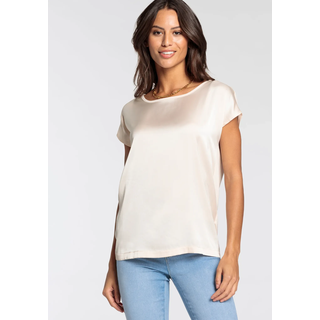 Shirtbluse LAURA SCOTT "mit Satin-Vorderteil und hochflexiblen Jersey-Rücken", Damen, Gr. 36, beige (creme), Web, Obermaterial: 100% Polyester. Rückenteil: 95% Viskose, 5% Elasthan, leicht glänzend, unifarben, lässig geschnitten hüftlang, Rundhals, angeschnitten, Blusen Shirtbluse, lockere Passfrom, zeitlos & gut zu kombinieren, Topseller