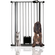 Bettacare Haustiergitter mit verriegelbarer Katzenklappe, 75cm - 84cm, Schiefergrau, 104cm in der Höhe, Extra hohes Hundesicherheitsgitter mit Katzenklappe, Einfache Installation