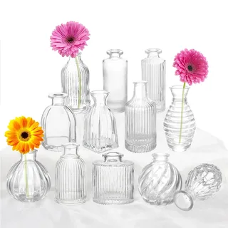 Knospenvasen 12 Stück, Glasvase für Dekoration, Tafelaufsätze, kleine Vasen für Blumen, klare Blumenvase, Streifen, Moderne Knospenvasen in Bulk, Tischdekoration, Heimdekoration