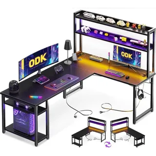 ODK Gaming Schreibtisch LED L-Form 2 Steckdosen 2 USB 150x120 cm