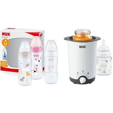 NUK First Choice+ Babyflasche im Set | 0–6 Monate | Temperature Control Anzeige | 300 ml | Anti-Colic-Ventil | BPA-frei | Silikon | 3 Stück | rosa Giraffe & Thermo 3 in 1 Flaschenwärmer, 1 Stück