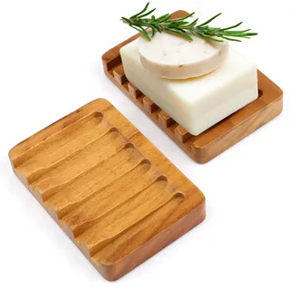 2 Stück Seifenschale natürliches Holz Handarbeit mit Ablauf, Teakholz Seifenablage,Soap Saver, Seifenablage Badezimmer Küche, verlängert Seifenleben