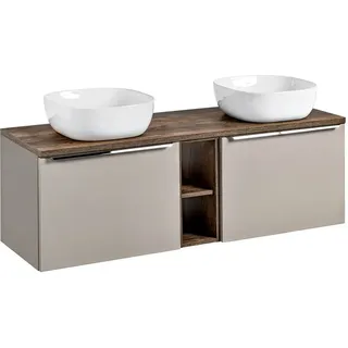 Waschtischunterschrank Set 140cm in taupe mit Vintage Eiche PUEBLA-56-TAUPE 2 Keramikbecken, 2 Softclose-Schubkästen, Regal, B/H/T 140,4/62,5/46 cm - Beige