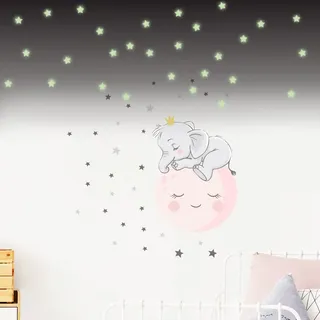 Wandsticker für Kinder, Dekoration für Babyzimmer, Wandsticker für Kinder, Motiv: Elefanten auf dem Mond, 30 Sterne (80 x 60 cm) + 100 Aufkleber leuchtende Sterne