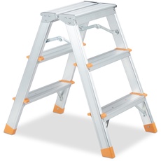 Bild Trittleiter, Aluminium, klappbar, 3 Stufen, Leiter bis 150 kg, beidseitig begehbar, Stehleiter, Silber/orange
