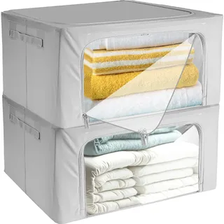 Faltbare Bettwäschebox Deckenbehälter Textilienbehälter mit transparente Klappe Reißverschlüss Gestell Kleideraufbewahrung 2 Stück 22930 - Grau