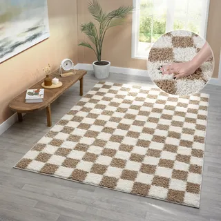 OTTO home Hochflor-Teppich »Kiiki, Karo-Muster« rechteckig 30 mm Höhe Kariert, auffälliges Schachbrettmuster, Wohnzimmer, Schlafzimmer, beige