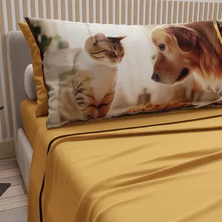 PETTI Artigiani Italiani - Bettwäsche Tiere mit Katzen und Hunden aus Baumwolle mit Kissenbezügen im Digitaldruck, Bettwäsche für Doppelbett, gelb, 100% Made in Italy