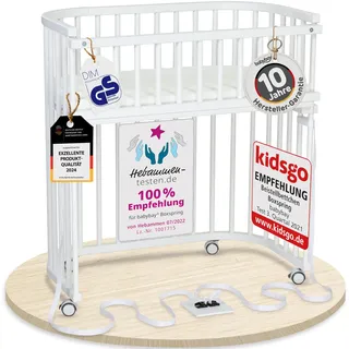 babybay Boxspring Beistellbett aus massivem Buchenholz/kompakt & verwandelbar/Kinderbett Höhe stufenlos verstellbar/mitwachsendes Babybett (weiß lackiert) / inkl. Matratze, Gitter, Rollen