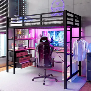 Sweiko Hochbett, 90x200cm , Mit LED-Leuchten, Schreibtisch, Steckdose + USB, 3 Schubladen, Regale, Geländer, Treppe, ohne Matratze, Schwarz - Schwarz
