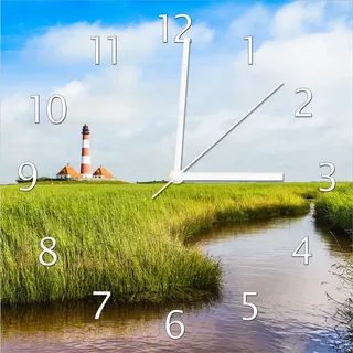 Wallario Design Wanduhr Kleiner Bach durch Schilf auf dem Weg zum Leuchtturm aus Echtglas, Größe 30 x 30 cm - Schwarz