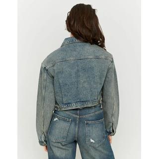 Jeansjacke TALLY WEIJL "SJADEPEACH", Damen, Gr. M, medium indigo washusedeffects3, Denim/Jeans, Obermaterial: 100% Polyester, Abriebeffekte, gerade normal, ohne Ausschnitt, angesetztes Bündchen, Jacken Jeansjacke, aus Denim, verkürzt in leichtem oversized Fit