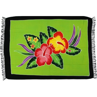 Wogeka - Sarong 170x110 cm - blickdichtes Strandtuch als Pareo Wickelrock Loop Stola grün Hibiskus Blüte Sar80