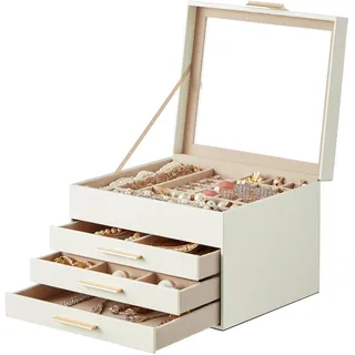 SONGMICS GISELLA Kollektion - Schmuckkästchen, Schmuckkasten 4 Ebenen, Schmuckbox mit Glasdeckel, 3 Schubladen, Schmuckaufbewahrung, Geschenkidee, 20,3 x 23,1 x 16,5 cm, wolkenweiß-golden JBC173W01