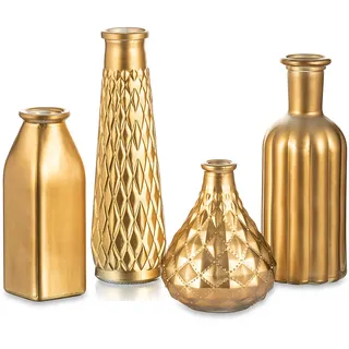 Hewory Vase Gold Deko Gold, 4er Kleine Vasen Set für Weihnachtsdeko Innen | Goldene Vase Glas, Vinatge Glavase, Vergoldete Blumenvase für Tischdeko Hochzeitsdeko, Weihnachten, Home, Wohnzimmer