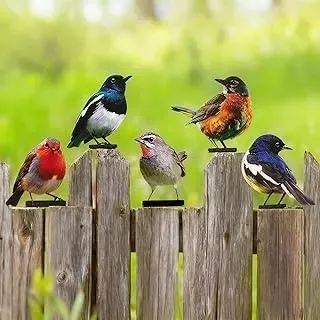 5 Stück Gartendeko Bemalte Vogel Vögel Gartenstecker Deko Gartendeko Für Draußen Metall Vogel Baumstecker für Gartendekoration Holz Zaunfiguren Frühling Bäume Deko