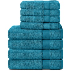 Bild 8er Handtuch Set aus 100% Baumwolle, 4 Badetücher 70x140 und 4 Handtücher 50x100 cm, Frottee, Weich, Towel, Groß, Türkis