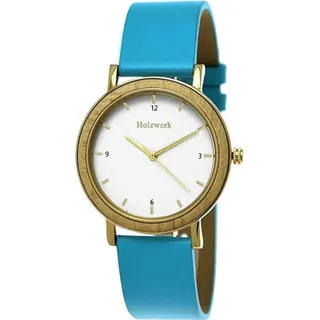 Holzwerk HAINICHEN kleine Damen Edelstahl, Leder & Holz Uhr, türkis, gold, weiß
