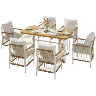 Redom Gartenmöbel-Set 159,5/77,5/75 cm aus Eisen mit 1 Tisch, 6 Stühlen und Polsterauflagen, Beige/Braun/Natur , Metall , Gartenmöbel, Gartengarnituren, Gartenmöbel-Sets