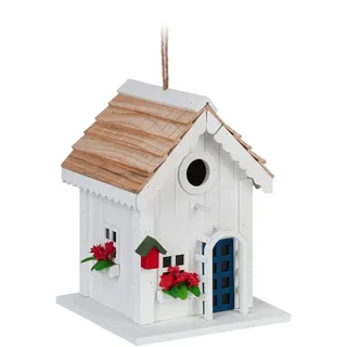 Relaxdays Deko Vogelhaus, Landhausstil, Holz, zum Aufhängen, H x B x T: 23,5 x 18 x 18 cm, Vogelvilla für Garten, weiß