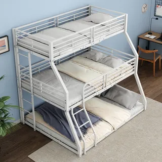 STILVORA Dreier-Etagenbett 90/120/140x200 mit Matratze Jugendbett Metallbett für drei Kindern, Kinderbett Bettgestell ,Weiß - Weiß
