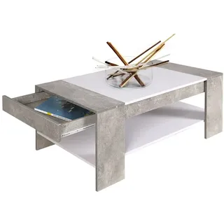 BAKAJI Rechteckiger Wohnzimmertisch, modernes Design, MDF-Holz + graue Schublade, Polycarbonat, Beton, weiß, 100 x 58 x 44 cm