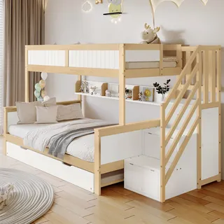 Sweiko Etagenbett, Kinderbett, mit Fallschutz und Gitter, Entworfen mit drei Bettpositionen, mit Rollbett, mit Kleiderschrank, Ecktreppe, Kiefer+MDF, Weiß+Natur, 90x200&90x190&120x200cm - Weiß