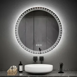 EMKE Badspiegel mit Beleuchtung LED Spiegel 80 cm mit beschlagfrei, Dimmbar 3 Lichtfarbe Rund Badezimmerspiegel Wandspiegel mit Touchschalter - Weiß